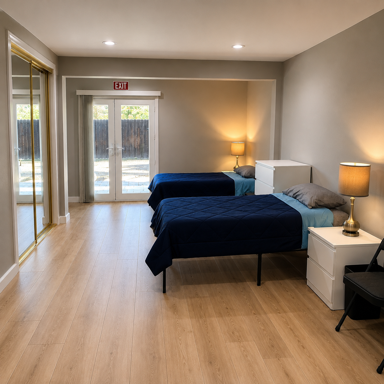 084d0b82-6b42-47d7-a208-5baa8c527260 Shared senior living room with two twin beds, bedside tables, and patio access.