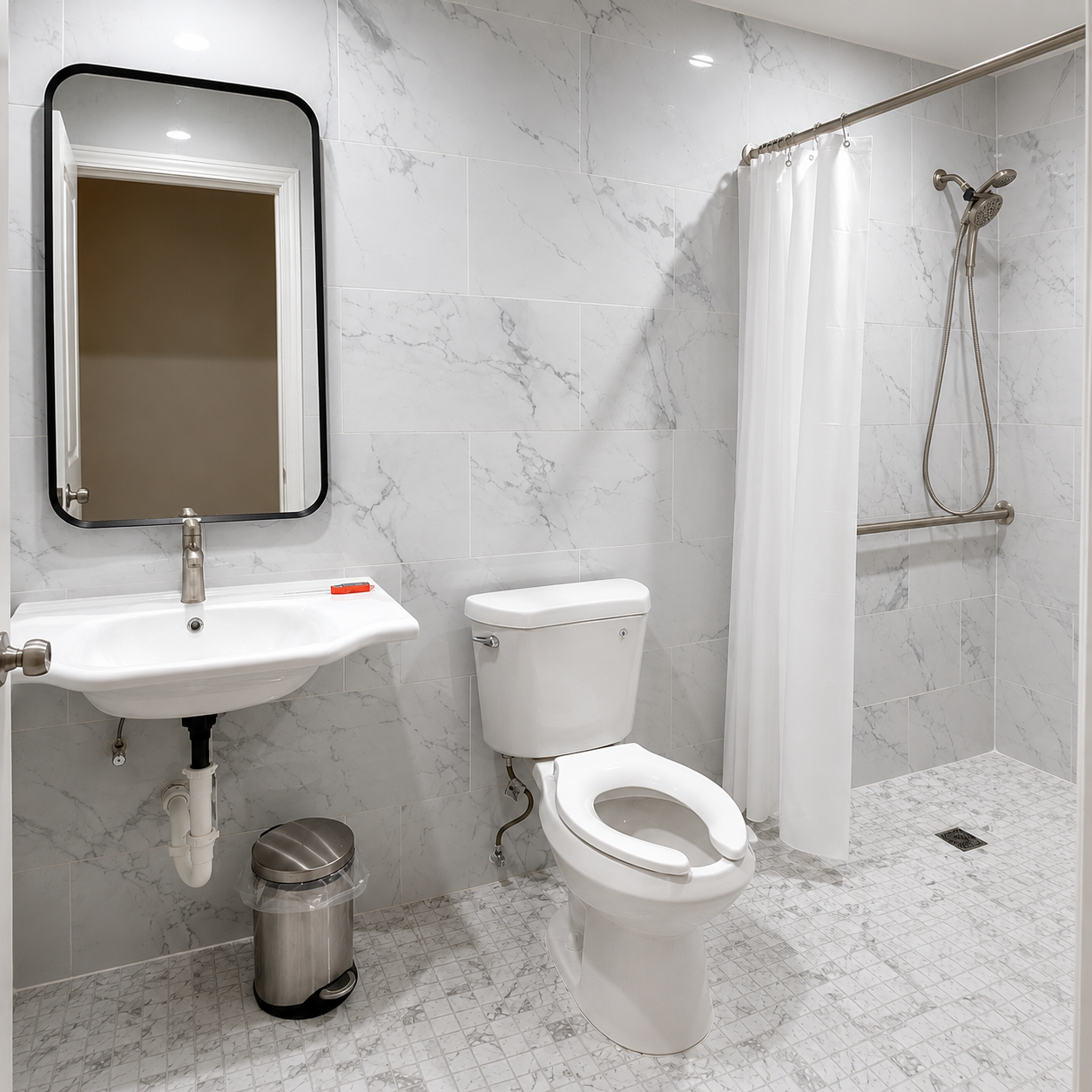 f8746074-0071-4b0e-8674-4a7871c13218 Accessible bathroom in a senior living home featuring a walk-in shower with grab bars, toilet, and sink.
